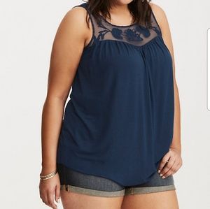 Torrid Navy embroidered mesh inset tank. Size 1